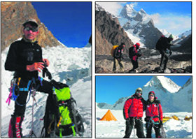 En la foto principal, Carlos Soria camino del Campo 1; arriba a la derecha, la expedición con la Torre de Mustang de fondo; abajo, Carlos Soria con Dani Salas en el Campo 1, a 6.000 metros  (Foto: C. SORIA)