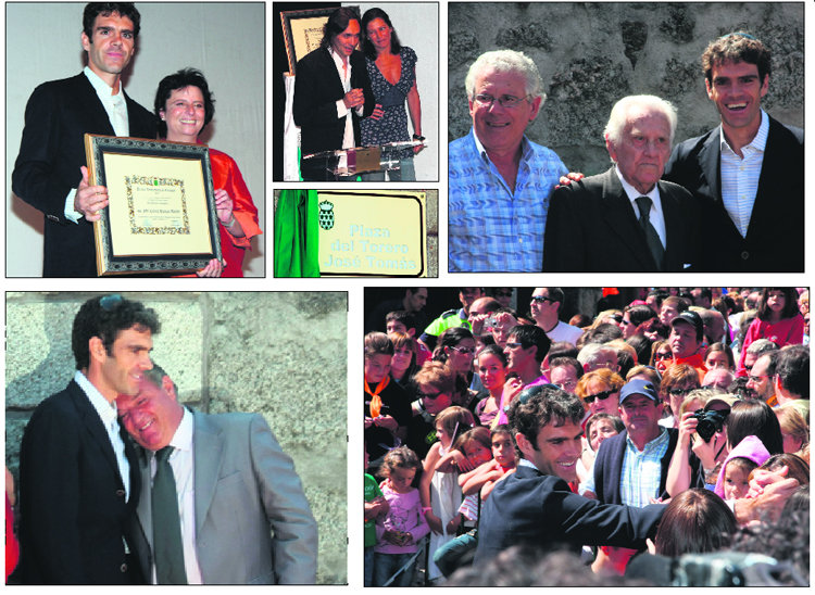 Distintas imágenes del homenaje que recibió José Tomás el pasado viernes en Galapagar: el diestro, con la alcaldesa, tras recibir el título de Hijo Predilecto; la bailaora Sara Baras y el guitarrista Vicente Amigo, que tampoco quisieron perderse este acto; sosteniendo el cuadro que también le fue entregado en el Teatro Jacinto Benavente; fotografiado con su padre y su abuelo Celestino; junto al edil de Festejos, Ángel Arias; y saludando a los numerosos vecinos que se dieron cita en la plaza que lleva su nombre  (Foto: R. M. PEÑA)