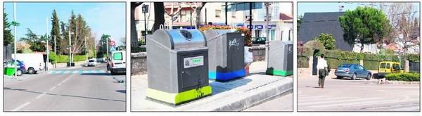De izda. a dcha.: calle Jesusa Lara de Torrelodones, contenedores soterrados en El Escorial y acceso a la urbanización Vistanevada de Galapagar / E. P.