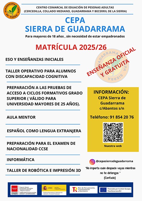 CEPA Sierra de Guadarrama inicia matrícula para el curso 2025-2026
