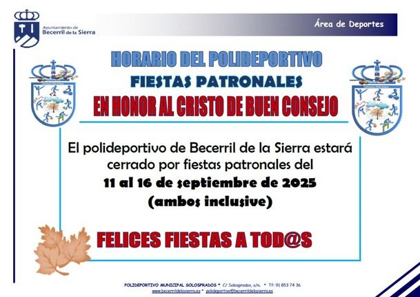 Horarios del Polideportivo durante las Fiestas Patronales en Becerril de la Sierra