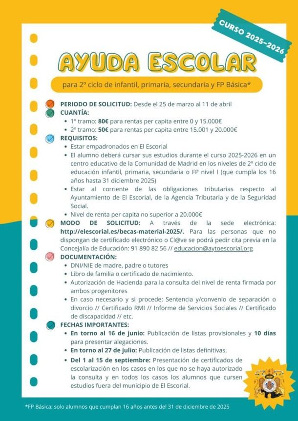 El Escorial destina 76.000 euros en ayudas para material escolar del próximo curso