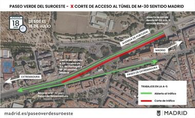 Cierre del acceso al túnel de la M-30 hacia Madrid por obras hasta agosto