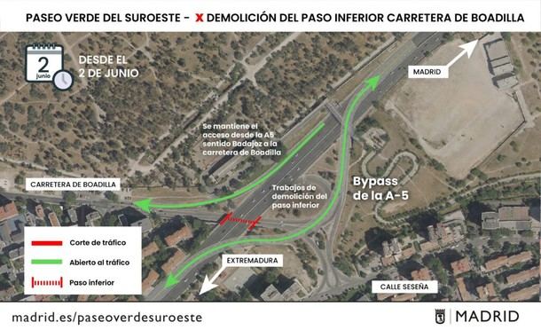 Desvío de tráfico en la A-5 para demoler paso inferior hacia Boadilla